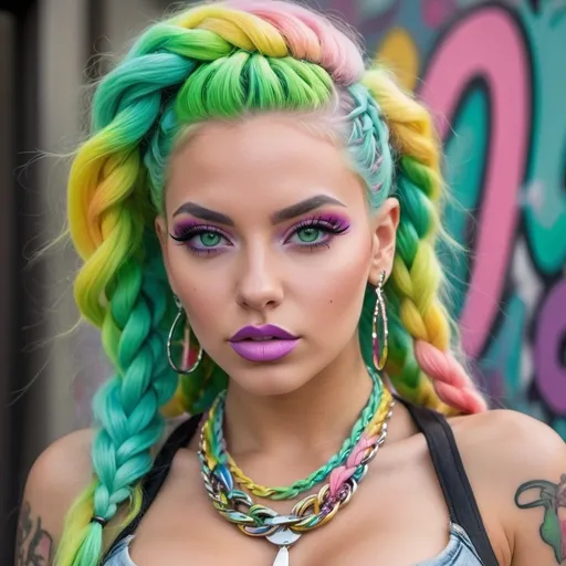 Prompt: Pastel graffiti gangster character green eyes revealing extra large cleavage with rainbow pastel microbraided hair and full lips designer bold unique loud makeup artists bold adornment creative stylish vercace outfit