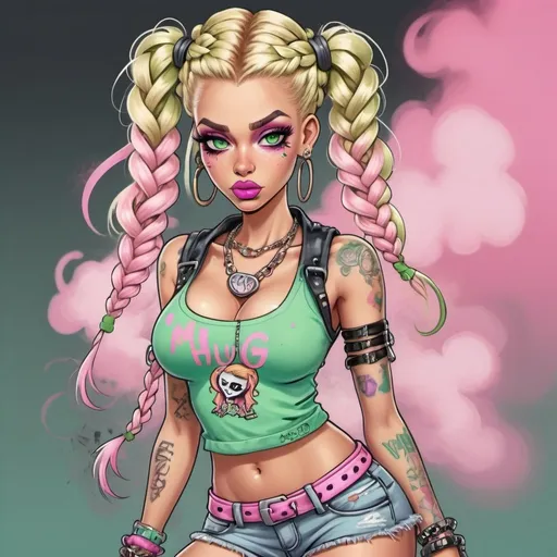 Prompt: Pastel A thug ghetto blonde cartoon characture multicolored pastel  microbraided hair female with green eyes revealing cleavage graffiti outfit and shoes pink lipstick punk steam punk pastel pink
