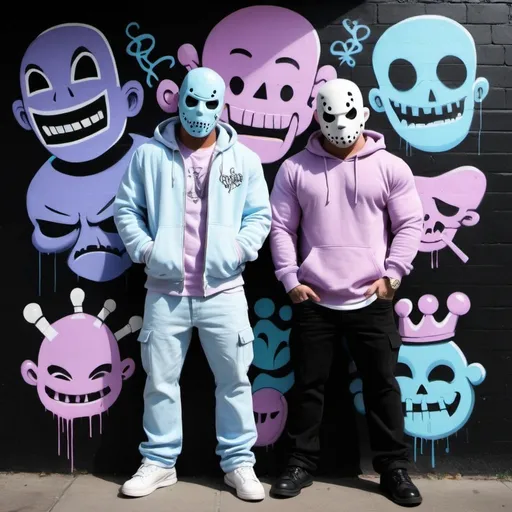 Prompt: Charachters Pastel purple white and pastel blue pastel blue graffiti charachters on a black wall backround freddy crugar and jason muscular gangsters pastel colored 