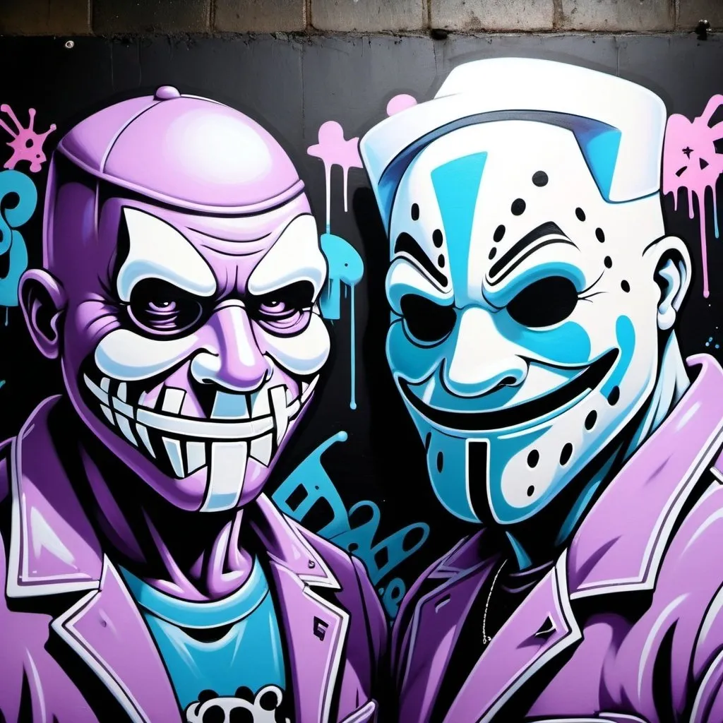 Prompt: Charachters Pastel purple white and pastel blue pastel blue graffiti charachters on a black wall backround freddy crugar and jason muscular gangsters pastel colored  graffiti art by sedusa adornment