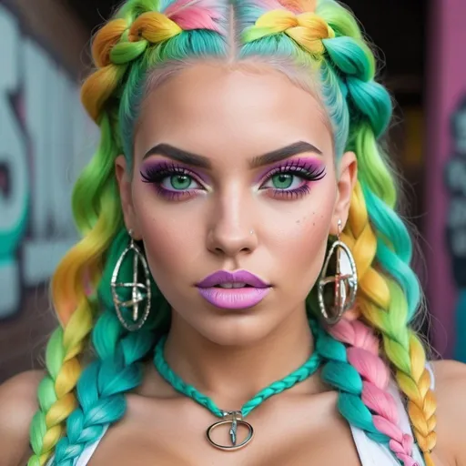 Prompt: Pastel graffiti gangster character green eyes revealing extra large cleavage with rainbow pastel microbraided hair and full lips designer unique loud makeup bold adorn