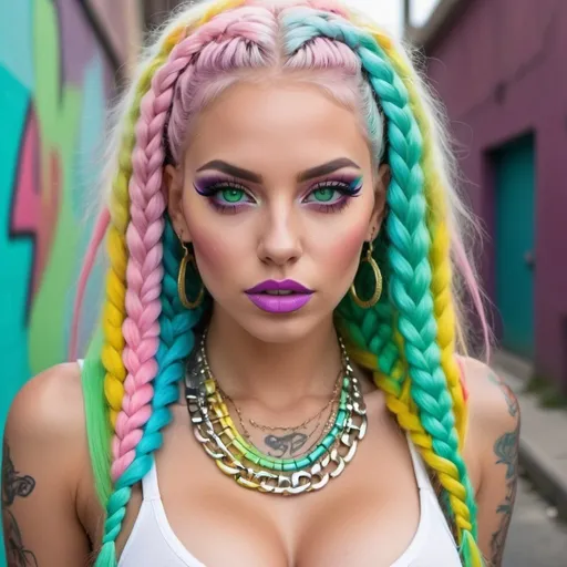 Prompt: Pastel graffiti gangster character green eyes revealing extra large cleavage with rainbow pastel microbraided hair and full lips designer bold unique loud makeup artists bold adornment creative stylish vercace outfit