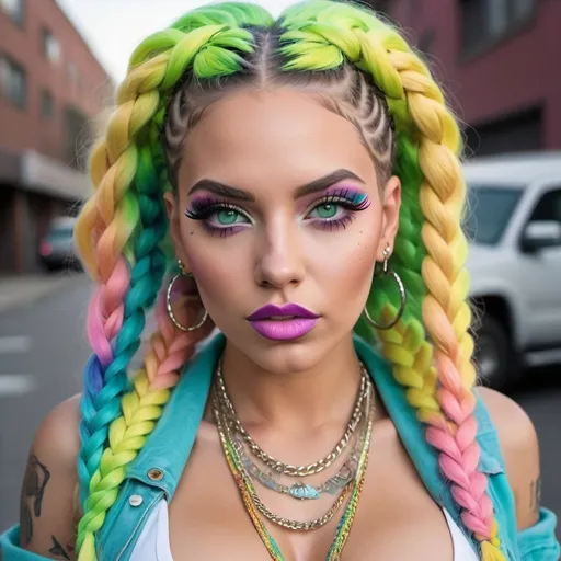 Prompt: Pastel graffiti gangster character green eyes revealing extra large cleavage with rainbow pastel microbraided hair and full lips designer bold unique loud makeup artists bold adornment creative stylish vercace outfit