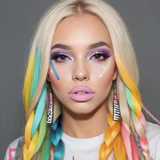 Prompt: Graffiti makeup blonde pastel multicolored microbraided long hair full lips 