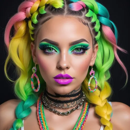 Prompt: Pastel graffiti gangster character green eyes revealing extra large cleavage with rainbow pastel microbraided hair and full lips designer bold unique loud makeup artists bold adornment creative stylish neon exotic makeup