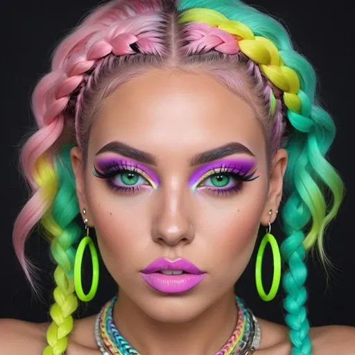 Prompt: Pastel graffiti gangster character green eyes revealing extra large cleavage with rainbow pastel microbraided hair and full lips designer bold unique loud makeup artists bold adornment creative stylish neon  boxy charm makeup