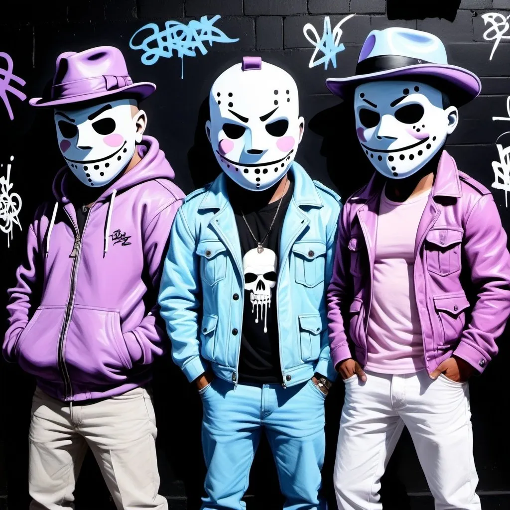 Prompt: Charachters Pastel purple white and pastel blue pastel blue graffiti charachters on a black wall backround freddy crugar and jason muscular gangsters pastel colored  graffiti art by sedusa adornment