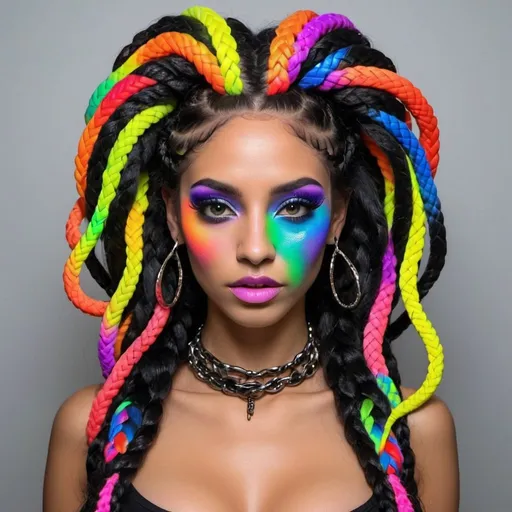 Prompt: Color black neon rainbow and multi neon medusa microbraided snake hair Graffiti art face microbraided snake long medusa hair charachter revealing cleavage graffiti art face make up print sedusa adornment