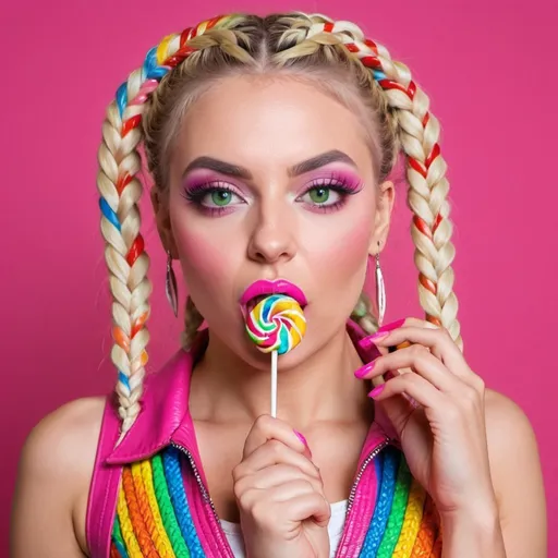 Prompt: Blonde female green eyes revealing extra larger cleavage rainbow microbraided hair hotpink leather outfit eating a lollipop