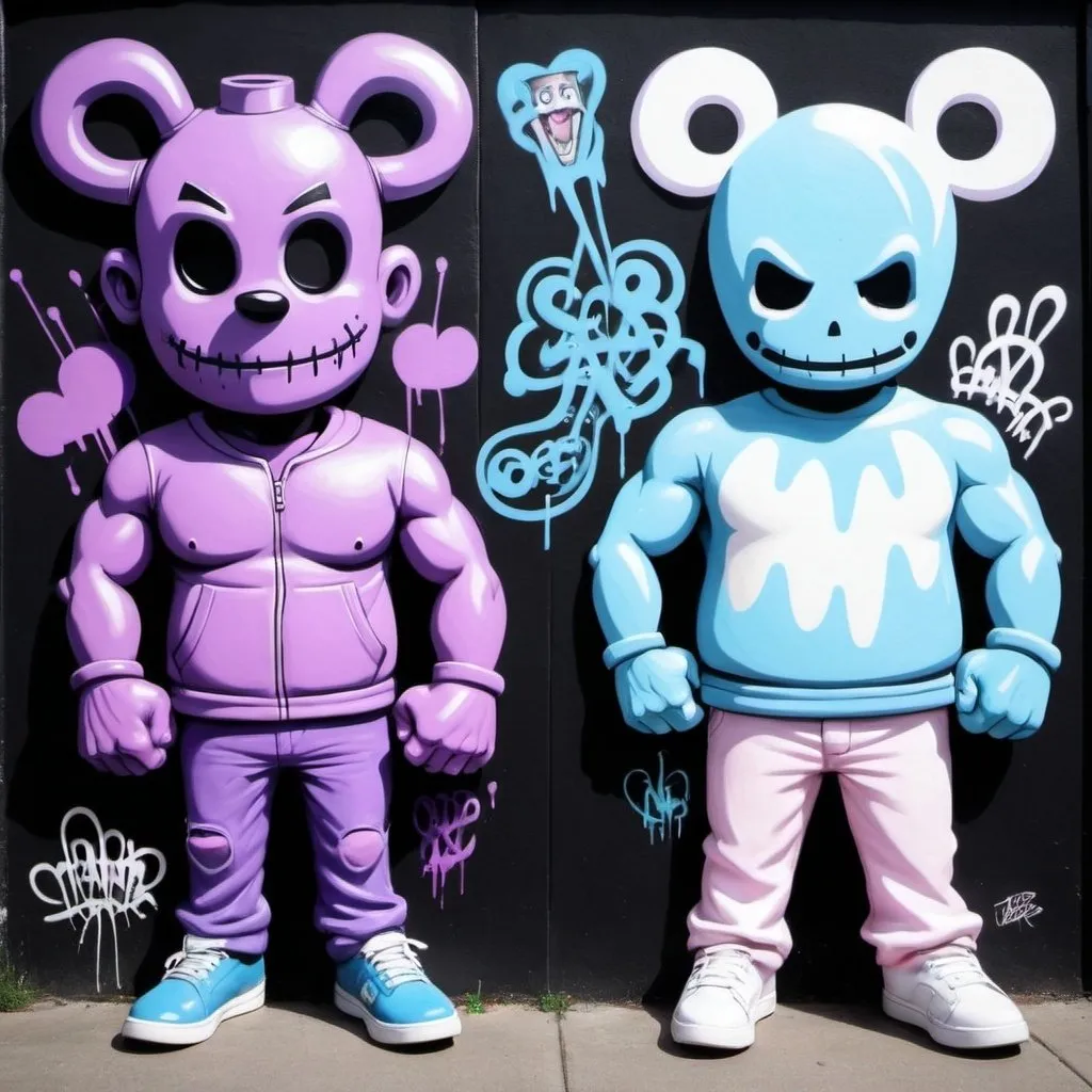 Prompt: Charachters Pastel purple white and pastel blue pastel blue graffiti charachters on a black wall backround freddy crugar and jason muscular gangsters pastel colored 