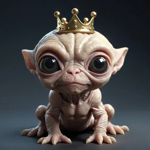 Prompt: A fr8endly funny looking ectraterestrial being wrinkly cute small alien pet i can own wearing a crown