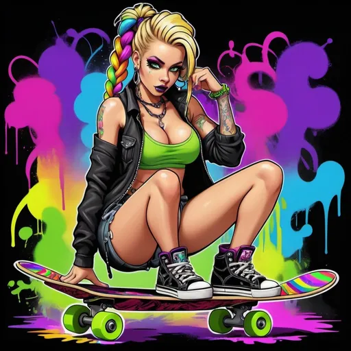 Prompt:  A gangster phsyco ghetto cartoon characture blonde exotic revealing  rainbow multicolored microbraided hair female with green eyes revealing extra large cleavage exotic adult  on skateboard spraypaint and neon yellow  purple pink green ed blue purple multicolored graffiti outfit and shoes gothic punk steam punk emo exotic classy gangster stylish original graffiti tech touch graffitti black backround exotic adult
