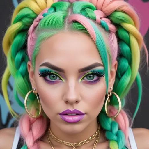 Prompt: Pastel graffiti gangster character green eyes revealing extra large cleavage with rainbow pastel microbraided hair and full lips designer unique loud makeup bold adorn