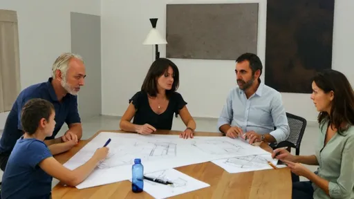 Prompt: People sitting around a table discussing design of villa to be build in Spain with architect