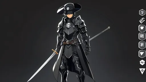 Prompt: anime characterdressed in black modern armor 
black elegant hat, with a sword on the back, with an XP badge on his right hand, smiling slightly