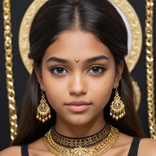 Prompt: create a gorgeous 18 year girl, whom face is fare and hear is mix of black and Broun. she is using  a gold chain for good looking. 
