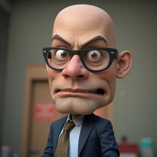 Prompt: he is school principal. he is a very square person. all his features are squared. he is a nerd. he is bald. he has a crazy an angry personality 