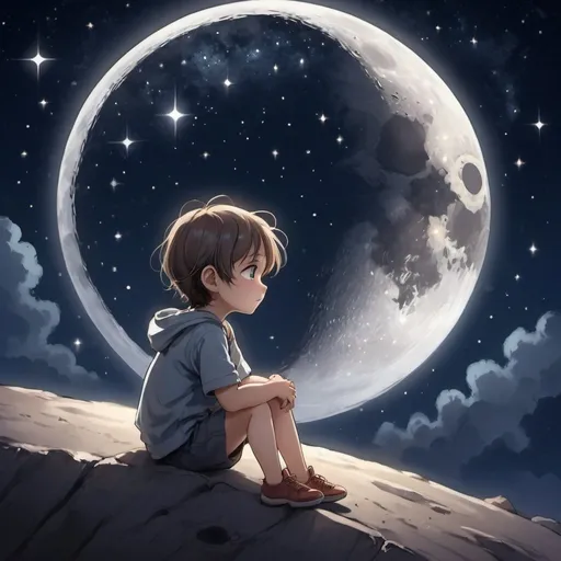 Prompt: Anime illustration of a child sitting on the moon, watching stars, serene and dreamy atmosphere, moonlit night, detailed and expressive eyes, peaceful expression, anime, night sky, dreamy, serene, moonlit, detailed eyes, child, stars, peaceful, atmospheric lighting