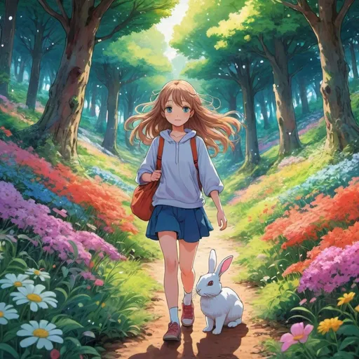 Prompt: Anime illustration of a teenage girl walking in a flowering forest with a rabbit, vibrant and colorful, anime style, detailed eyes, flowing hair, floral surroundings, cute rabbit, high quality, vibrant colors, detailed anime, nature setting, youthful, atmospheric lighting, detailed background