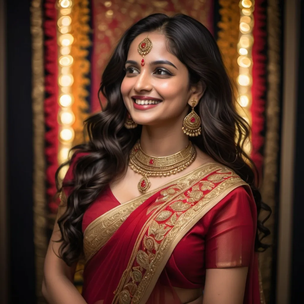 Prompt: "A beautiful woman with long, wavy dark hair is wearing a stunning red saree with intricate gold embroidery and a patterned border. She is smiling gently while looking down, holding a strand of her hair. Her blouse is heavily embellished with intricate multicolored embroidery. She is accessorized with a delicate necklace, earrings, and rings. The background is dark with soft lighting, creating a dramatic yet elegant contrast. The atmosphere is warm, graceful, and traditional, capturing the essence of festive or cultural attire."
