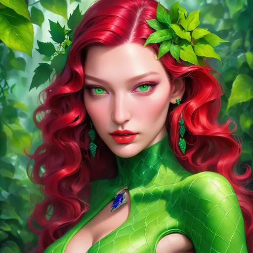 Prompt:  Bella hadid  portrait, poison ivy, digital painting, dramatic colourful makeup, high fashion, intense gaze, realistic portrayal, vibrant colors, detailed features, highres, professional, dramatic, realistic, digital painting, intense gaze, vibrant colors, detailed features, high fashion, glamorous lighting, green skin , green makeup 