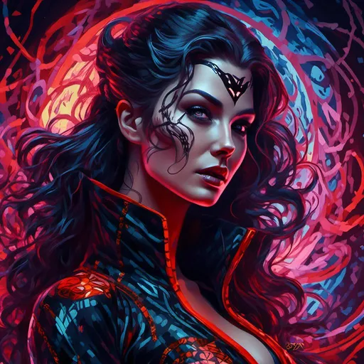 Prompt: Hypnotic supervillainess, <mymodel>digital illustration, swirling hypnotic patterns, dramatic lighting, intense gaze, dark and mysterious, high quality, digital art, villainous, hypnotic, dramatic lighting, mesmerizing, sinister, powerful, compelling