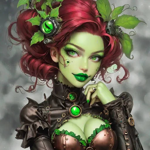 Prompt: Steampunk Poison ivy with green lips
