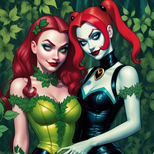 Prompt: Poison ivy hypnotized by Harley Quinn 