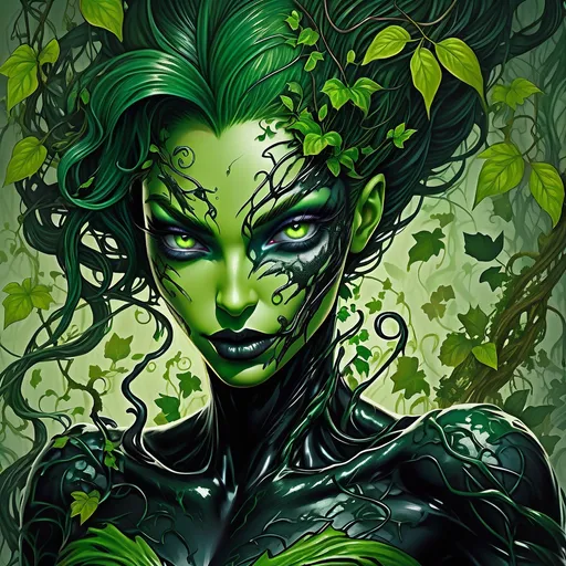 Prompt: Venom symbiote-covered Poison Ivy, dark and eerie artistic style, vibrant green and black color tones, detailed facial features, entwined vines wrapping around her body, glossy and slimy texture, high quality, surreal, eerie, vibrant green, venom symbiote, detailed vines, dark and eerie, vibrant color tones, glossy texture, detailed facial features, surreal lighting