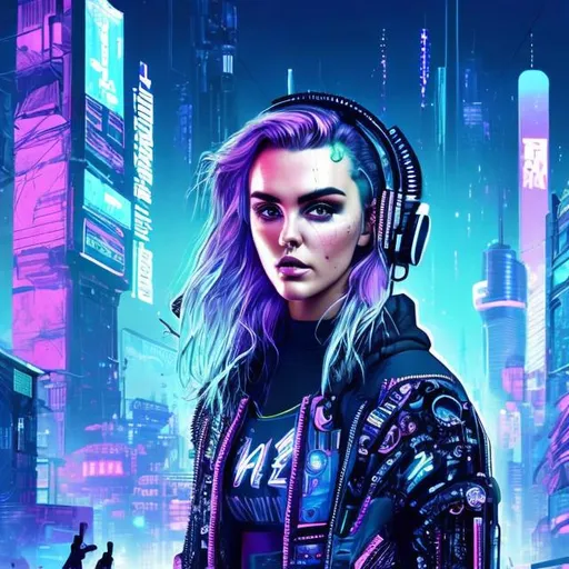 Prompt: Cyberpunk illustration of Perrie Edwards, futuristic cityscape background, high-tech fashion, neon-lit streets, detailed facial features, sci-fi, cybernetic enhancements, highres, ultra-detailed, cyberpunk, futuristic, detailed features, neon lighting, high fashion, professional, atmospheric lighting