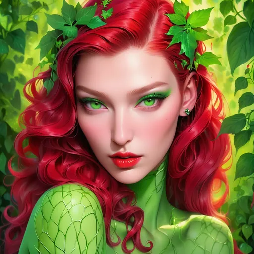 Prompt:  Bella hadid  portrait, poison ivy, digital painting, dramatic colourful makeup, high fashion, intense gaze, realistic portrayal, vibrant colors, detailed features, highres, professional, dramatic, realistic, digital painting, intense gaze, vibrant colors, detailed features, high fashion, glamorous lighting, green skin , green makeup 