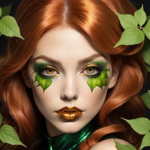 Prompt: Poison ivy hypnotizing a Hypnotic bimbo  copper  hair  gold lips  lips 