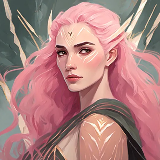 Prompt: Gal Gadot druid with long light pink hair, white skin, pink glowing eyes , in <mymodel> artstyle