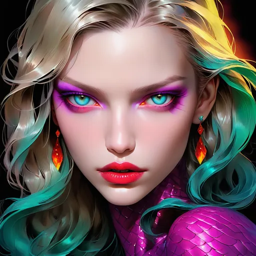 Prompt:  Sasha Luss  portrait, dark evil   siren , digital painting, dramatic colourful makeup, high fashion, intense gaze, realistic portrayal, vibrant colors, detailed features, highres, professional, dramatic, realistic, digital painting, intense gaze, vibrant colors, detailed features, high fashion, glamorous lighting