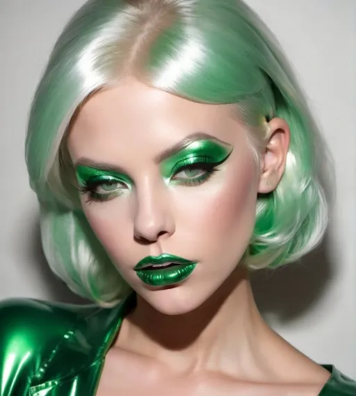 Prompt: Platinum blonde bimbo in metallic  green latex metallic  green lips 