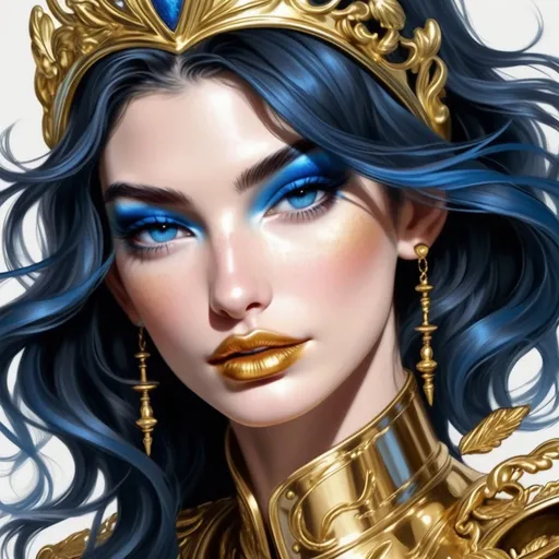 Prompt: Lilly Aldridge    gold lips and   blue eyeshadow   