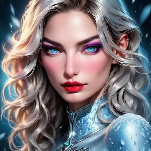 Prompt:  Lily Aldridge  portrait, killer frost, digital painting, dramatic colourful makeup, high fashion, intense gaze, realistic portrayal, vibrant colors, detailed features, highres, professional, dramatic, realistic, digital painting, intense gaze, vibrant colors, detailed features, high fashion, glamorous lighting