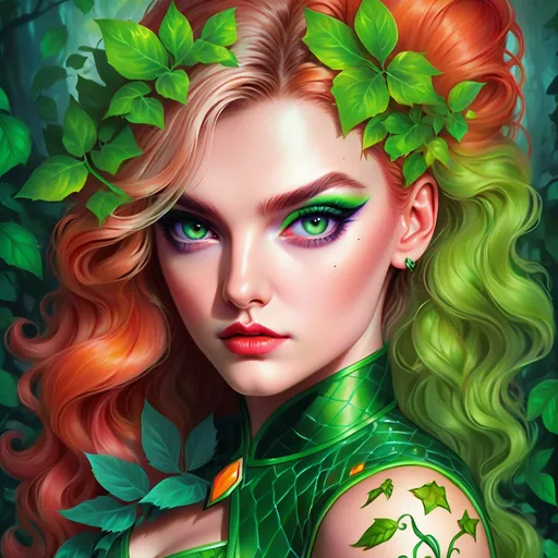 Prompt:  Perrie Edwards portrait, poison ivy, digital painting, dramatic colourful makeup, high fashion, intense gaze, realistic portrayal, vibrant colors, detailed features, highres, professional, dramatic, realistic, digital painting, intense gaze, vibrant colors, detailed features, high fashion, glamorous lighting