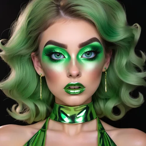 Prompt: Madelyn Cline  as hypnotic  bimbo metallic   green makeup         