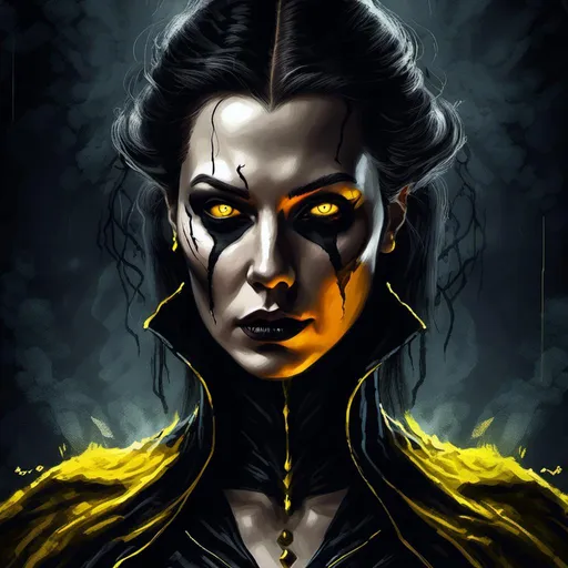 Prompt: <mymodel>High-contrast digital painting of a sinister villainess with yellow skin, dramatic lighting highlighting menacing facial features, detailed and expressive eyes, intense and dark artistic style, ominous atmosphere, shadowy background with eerie glowing accents, highres, ultra-detailed, digital painting, sinister, dramatic lighting, menacing, intense eyes, dark artistic style, ominous atmosphere, eerie glow, shadowy background