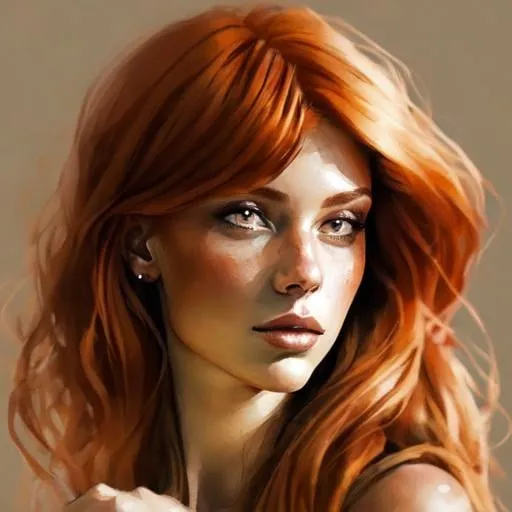 Prompt: Copper hair , bronze lips and eyeshadow , female