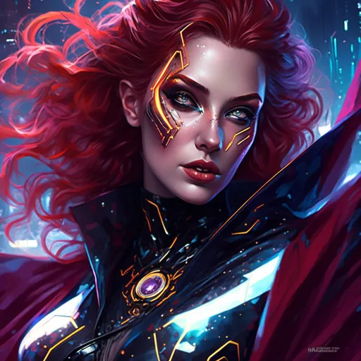 Prompt: <mymodel>Hypnotic supervillainess, digital illustration, mesmerizing eyes, flowing cape with dark hues, intense and alluring gaze, mysterious aura, high-tech gadgets, dystopian futuristic setting, highres, ultra-detailed, digital illustration, cyberpunk, dark tones, dramatic lighting