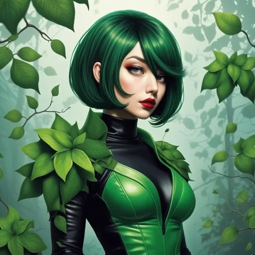 Prompt: Poison ivy with short black bob hair cut