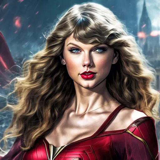 Prompt: Taylor swift as the scarlet witch in marvel comic , close up portrait 