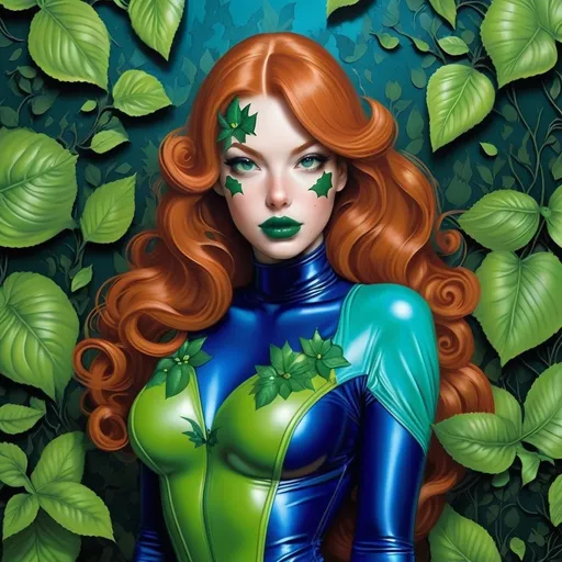 Prompt: Poison ivy ginger green lips blue latex body suit  bimbo