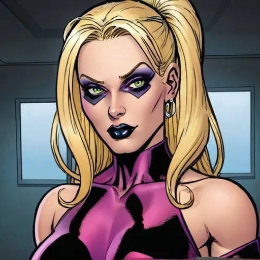 Prompt: Hypnotic villainess bimbo blonde in marvel  comics   