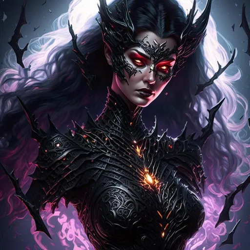 Prompt: <mymodel>Supervillainess, digital illustration, dark and ominous atmosphere, detailed costume with intricate patterns, glowing eyes, sinister expression, high quality, digital art, dark tones, dramatic lighting