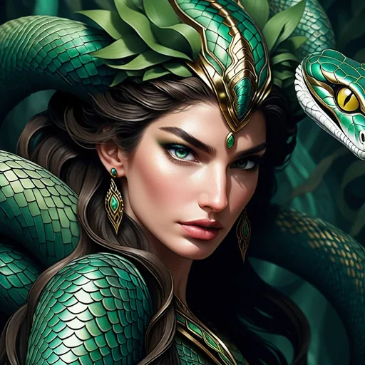 Prompt: Hypnotic Close up portrait Lilly Aldridge as an      snake queen        