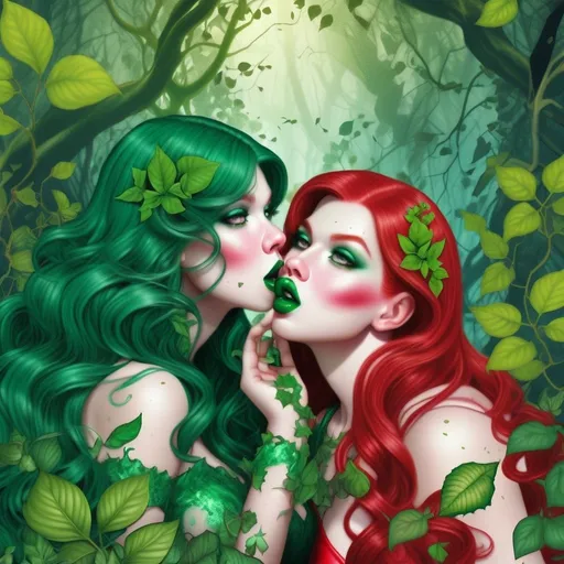 Prompt: Bimbo mera  hypnotized by poison ivy   by green lips kiss