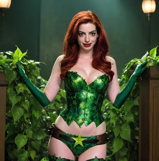 Prompt: Ann Hathaway as bimbo poison ivy 